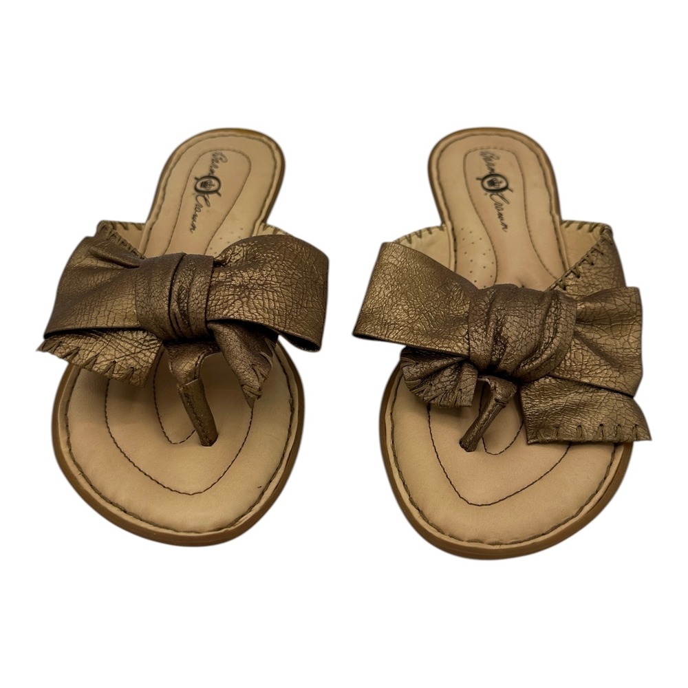 Born Crown Gold Bronze Leather Bow Thong Sandals Flip Flops Womens Size 6